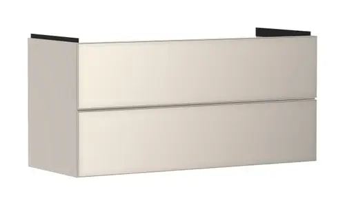 Waschtischunterschrank in sandbeige mit zwei Schubkästen. Oberkante in Schwarz. Produkt von Hansgrohe, geeignet für Waschtische.